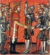 Roland pledges his fealty to Charlemagne; from a manuscript of a 